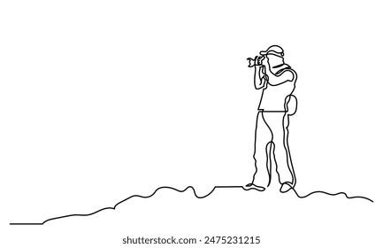 photographer, continuous line drawing professional young man photographer. Man-making photos with a camera. Single-line photographer takes pictures using camera isolated on a white background.