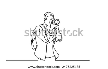 photographer, continuous line drawing professional young man photographer. Man-making photos with a camera. Single-line photographer takes pictures using camera isolated on a white background.