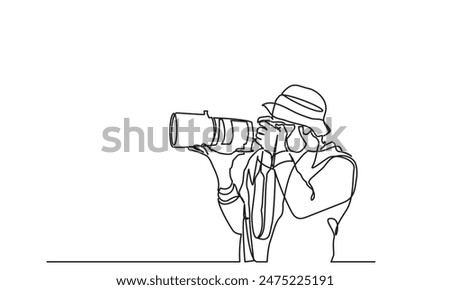 photographer, continuous line drawing professional young man photographer. Man-making photos with a camera. Single-line photographer takes pictures using camera isolated on a white background.