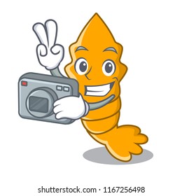 Photographer cooked shrimps isolated on mascot cartoon