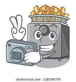 Photographer cooking french fries in deep fryer cartoon