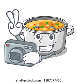 Photographer cooking pot of soup isolated on mascot