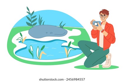 Photographer craft. Creative hobby. Man making photos with camera. Nature landscape snapshot. Park pond. Natural lake water. Young guy shooting photography picture. Stone and reeds. Vector concept