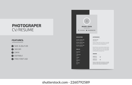 Photographer cvresume template. modern editable resume design