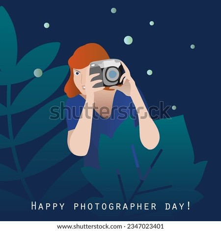 Photographer day flat vector poster. A young woman holds a camera in her hands and takes pictures. Amateur photographer. Abstract leafs background.