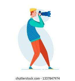 Photographer with digital camera. Men taking picture. Vector illustration of a men with modern device for photo.