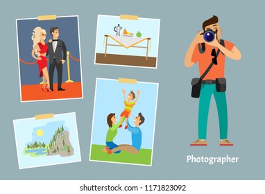 Photographer with digital camera taking photo. Celebrities couple, family on lawn, still life picture and landscape photography vector illustration.