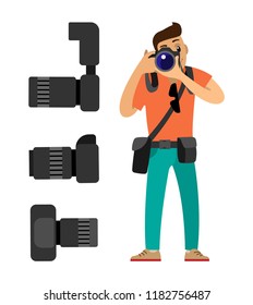 Photographer with digital camera taking photo. Set of professional photographing gear with flash lights, removable lens isolated on white vector icons