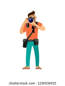 Photographer with digital camera taking photo. Man taking picture, carrying case on belt and bag of spare lenses cartoon vector illustration isolated.