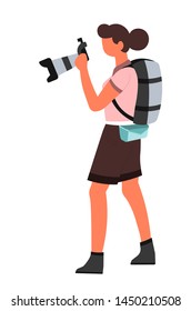 Fotograf mit Digitalkamera und Rucksack-Vektorgrafik einzeln auf weibliche Charakterfotografie oder Fotografie. Fotografie und Aufnahmen Fokus und Komposition Journalisten professionelle Arbeit kreative Hobby