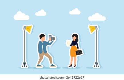 Photographer doing a photo session with standing lamp lighting for a female talent posing like a businesswoman illustration of professional photo session