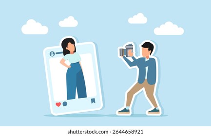 photographer doing a photo session with a woman inside a social media content frame illustration of social media content