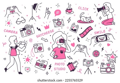 Photographer doodle elements. Hand drawing photography decoration concept art, click camera with bright flash, cat photo session for memory sketch album, swanky vector illustration of doodle drawing