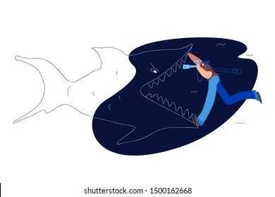 Photographer during the shooting. Funny working moments of a profession in a caricature. A curious and brave male character is trying to frame under water in the mouth of a shark. Flat style.