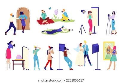 Photographer elements for professional studio, vector illustration.Woman man charcater work together collection. Create cartoon photographs