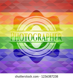 Photographer emblem on mosaic background with the colors of the LGBT flag