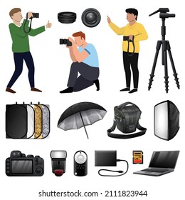 Photographer equipment icons set cartoon vector. Professional photo. Gear camera