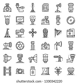 Photographer equipment icons set. Outline set of photographer equipment vector icons for web design isolated on white background