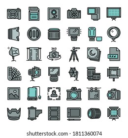 Photographer equipment icons set. Outline set of photographer equipment vector icons for web design isolated on white background