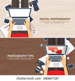 Photographer equipment on a table. Photography tools, photo editing, photoshooting flat background. Digital photocamera with lens. Vector illustration.