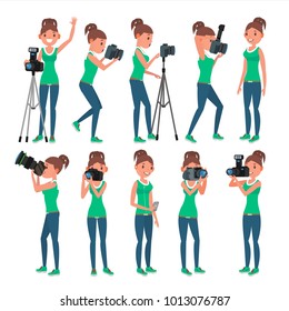 Photographer Female Vector. Modern Camera. Posing. Girl Full Length Taking Photos. Photojournalist, Tourist Design. Flat Cartoon Illustration
