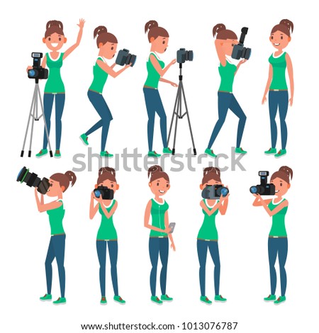 Photographer Female Vector. Modern Camera. Posing. Girl Full Length Taking Photos. Photojournalist, Tourist Design. Flat Cartoon Illustration
