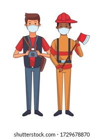 photographer and firefighter using face masks vector illustration design