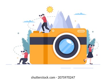 Photographer Flat Design Background with Camera, Digital Film Equipment Technology and Picture Person in Cartoon Style Vector Illustration