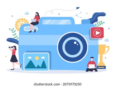 Photographer Flat Design Background with Camera, Digital Film Equipment Technology and Picture Person in Cartoon Style Vector Illustration