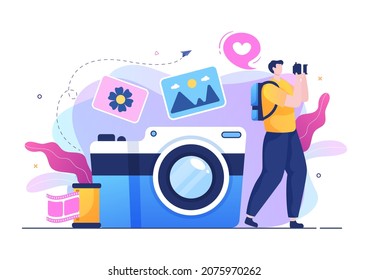 Fotograf Flachdesign-Hintergrund mit Kamera, Digital Film Equipment Technology und Bildperson in Cartoon Style Vektorgrafik