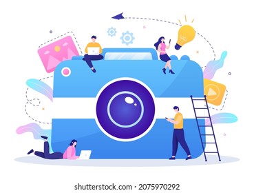 Photographer Flat Design Background with Camera, Digital Film Equipment Technology and Picture Person in Cartoon Style Vector Illustration