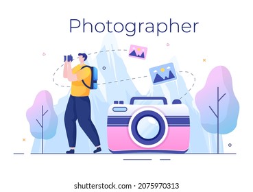 Photographer Flat Design Background with Camera, Digital Film Equipment Technology and Picture Person in Cartoon Style Vector Illustration
