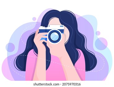 Photographer Flat Design Background with Camera, Digital Film Equipment Technology and Picture Person in Cartoon Style Vector Illustration