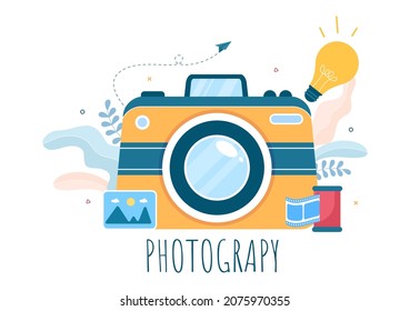 Fotograf Flachdesign-Hintergrund mit Kamera, Digital Film Equipment Technology und Bildperson in Cartoon Style Vektorgrafik