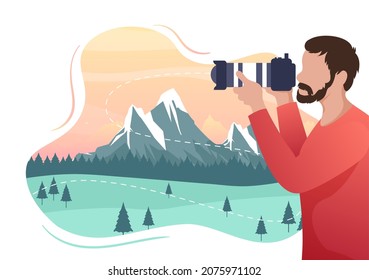 Diseño plano de fotógrafo con cámara profesional para fotografiar la montaña panorámica y la naturaleza en forma de caricatura Ilustración vectorial