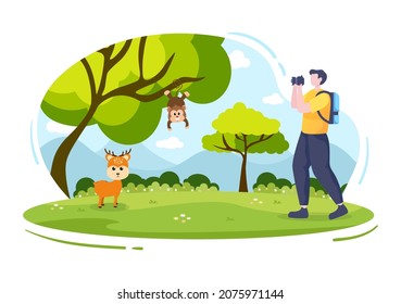Diseño plano con cámara profesional para fotografiar monos y vistas de ciervos en el bosque. Ilustración vectorial de estilo de caricatura