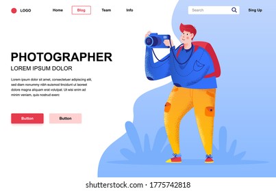 Fotograf flach Landing Page Komposition. Junge Fotografen, die mit professioneller Fotokamera fotografieren. Farbige Menschen Charakter mit Rauschen Textur Vektorgrafik. Fotografie als Hobby.