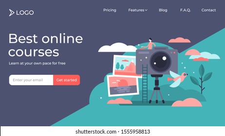 Photographer flat tiny persons vector illustration landing page template design. Professional digital camera film equipment technology. Nature image capture on tripod. Picture shutter bird symbol.