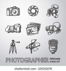 Photographer freehand icons set with - shutter, camera, photos, shooting photographers, flash, tripod, spotlight. Vector