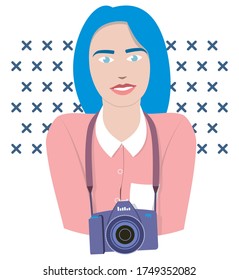 Photographer girl with blue hair and blue eyes looks forward. A camera is hanging on her neck. A vector woman is wearing a pink blouse with a white collar. SLR camera on a belt