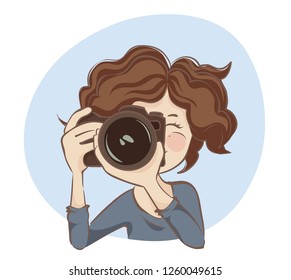 Photographer. Girl with a camera, close-up, full face. Vector illustration.