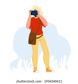 Photographer Girl Make Photo With Camera Vector. Young Woman Photographer Making Photography On Professional Digital Device. Character Hobby Leisure Time Or Work Flat Cartoon Illustration
