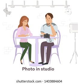Photographer and girl in photo studio Vector Illustration