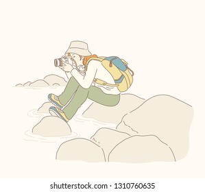 Photographer girl sitting nearby river rock in line art