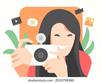 photographer girl smiling.isolated on a white and orange background, equipped with camera, video, gallery and leaf icons. suitable for photography themes, hobbies, work, beauty etc.