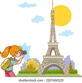 photographer girl takes photo of eiffel tower