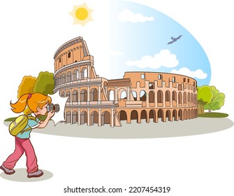 photographer girl takes photo of italy Colosseum