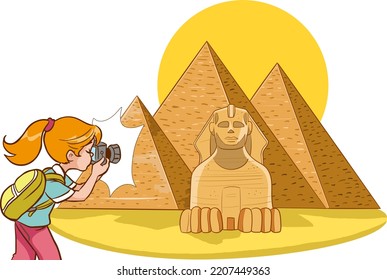 photographer girl takes picture of egyptian pyramids
