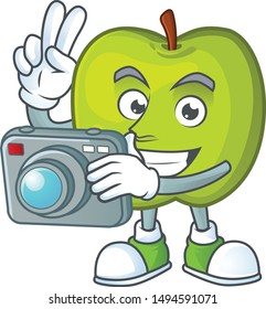 Photographer granny smith green apple cartoon mascot