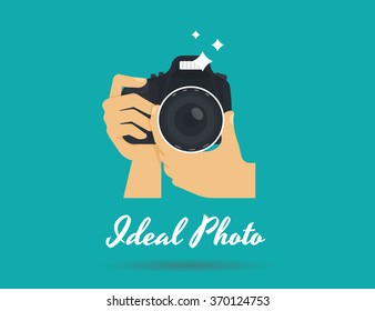 Photographer hands with camera icon or logo template. Flat illustration of lens camera shooting macro image with flash and text ideal photo